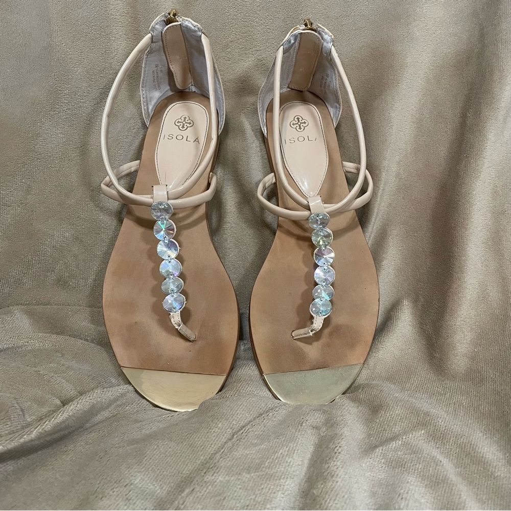 Isola Nude Crystal T-Strap Sandals with Gold Toe Caps. - Picture 4 of 6